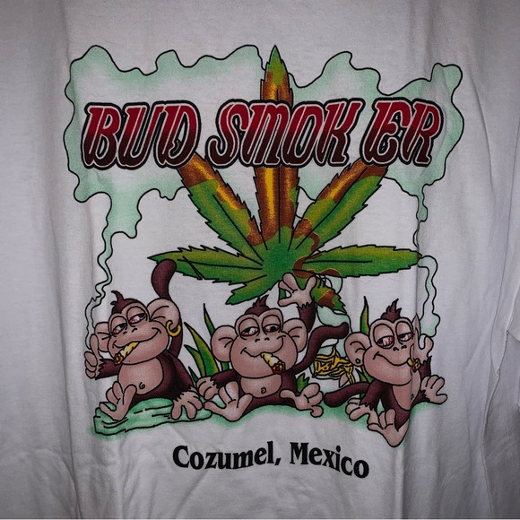 Men’s XL AMERICAN COTTON EURO White BUD SMOKER Weed Tee Shirt 3 Monkeys NWOT - Picture 3 of 8